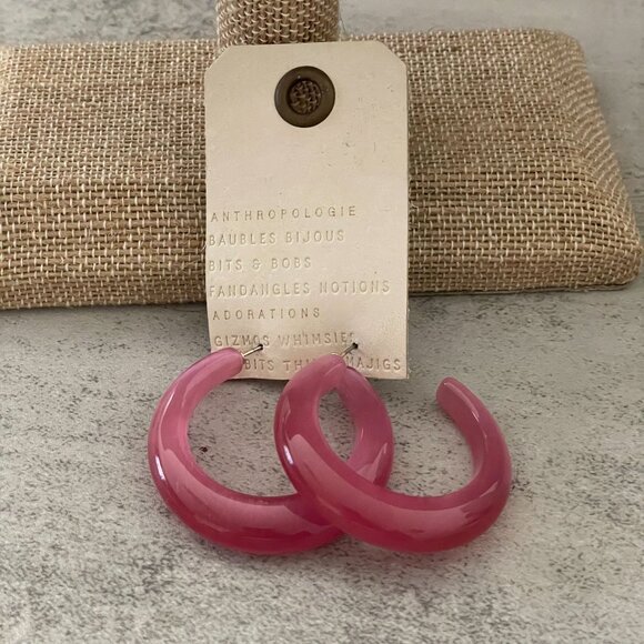 NWT Anthropologie Pink Cat's Eye Stone Pierced Hoop Earrings 1.70" Diameter - Picture 4 of 8